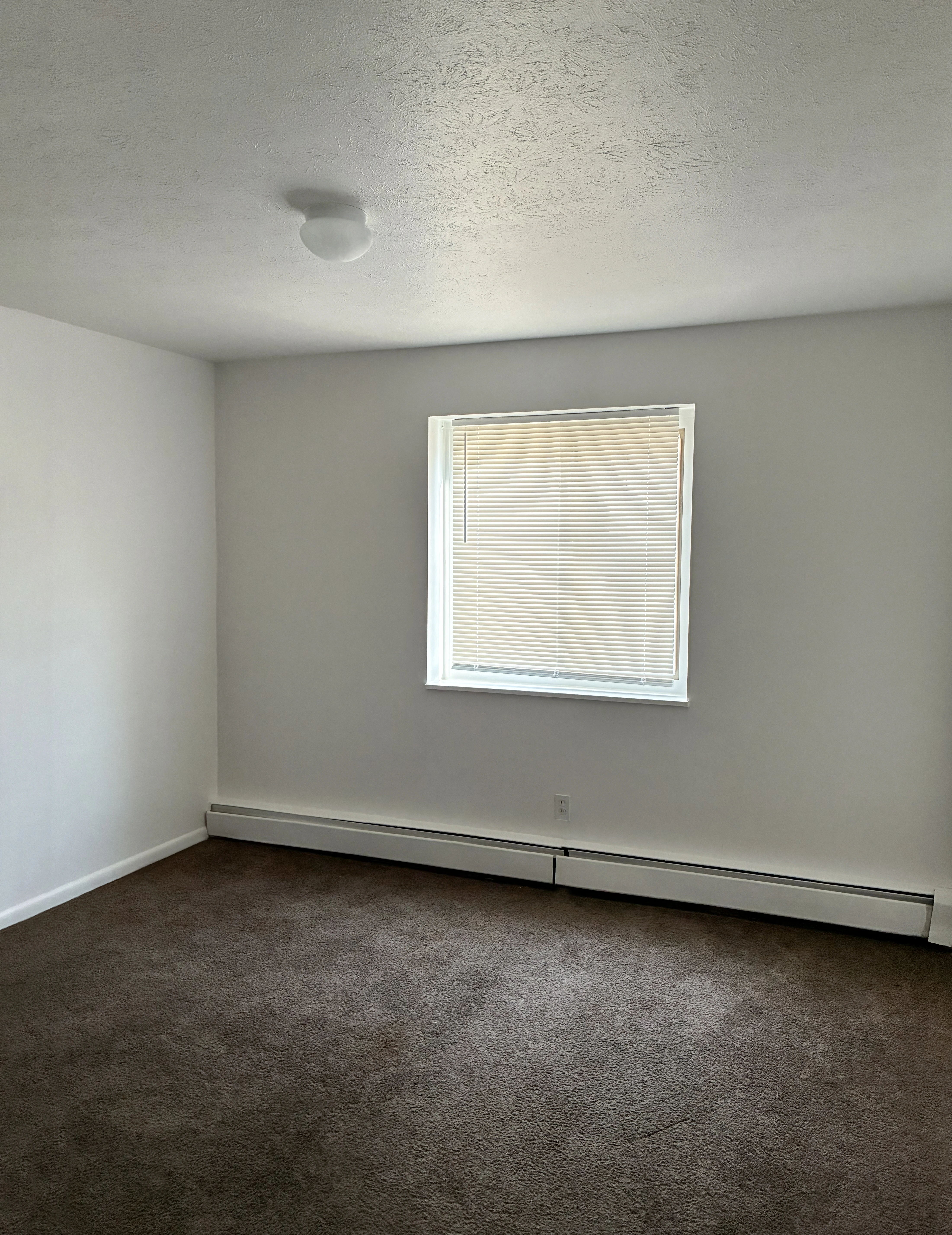 Apartment bedroom with carpet and natural light